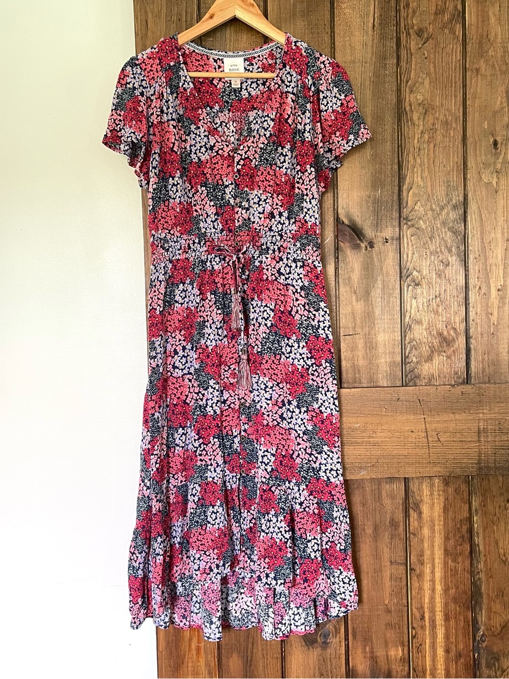 Knox Rose Garden Floral Ruffle Hem Tassel Tie Button Up Midi Dress Medium